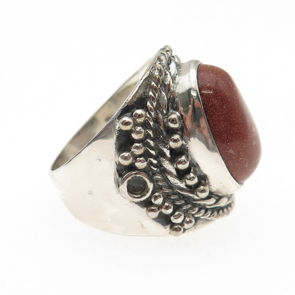 925 Sterling Silver Vintage Real Goldstone Modernist Oxidized Ring Size 9.75