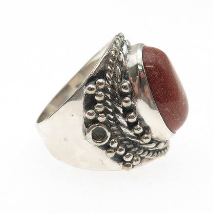 925 Sterling Silver Vintage Real Goldstone Modernist Oxidized Ring Size 9.75