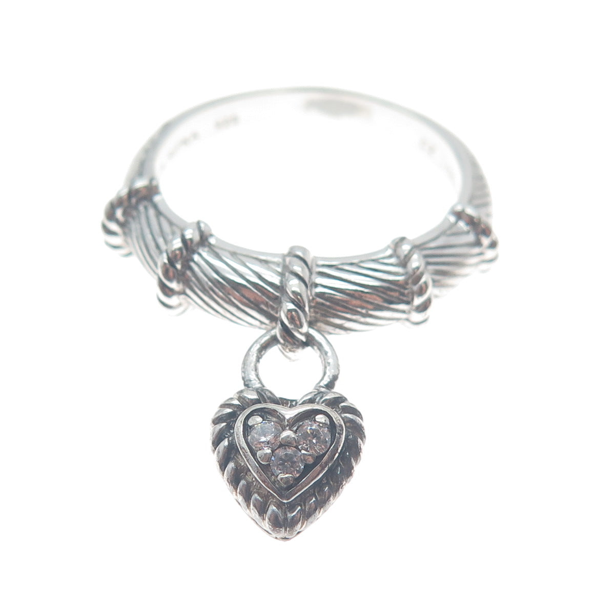JUDITH RIPKA 925 Sterling Silver Round-Cut C Z Heart Charm Ring Size 10.25