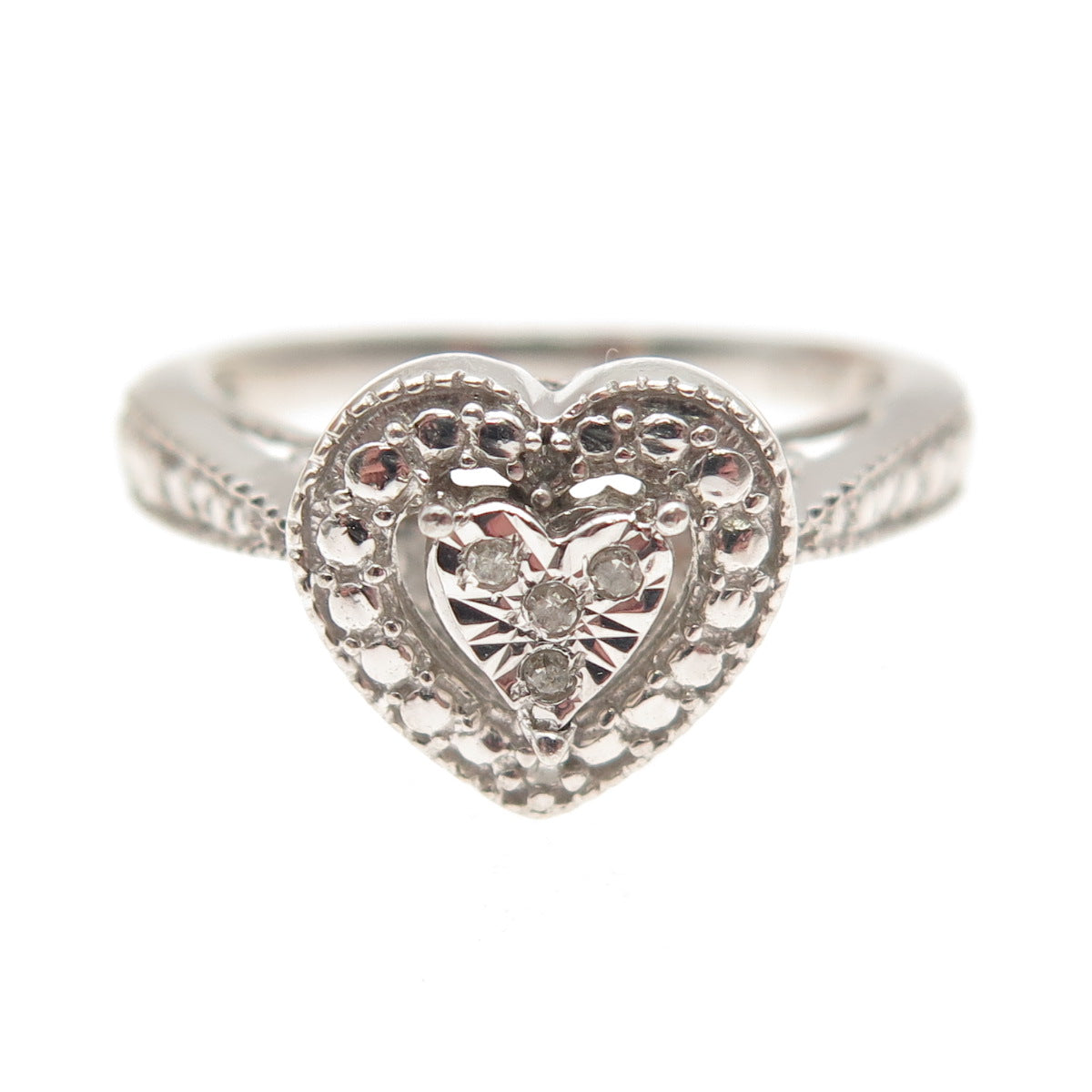 925 Sterling Silver Real Round-Cut Diamond Heart Ring Size 7