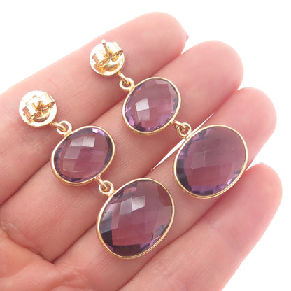 925 Sterling Silver Gold Plated Vintage Real Amethyst Modernist Dangle Earrings