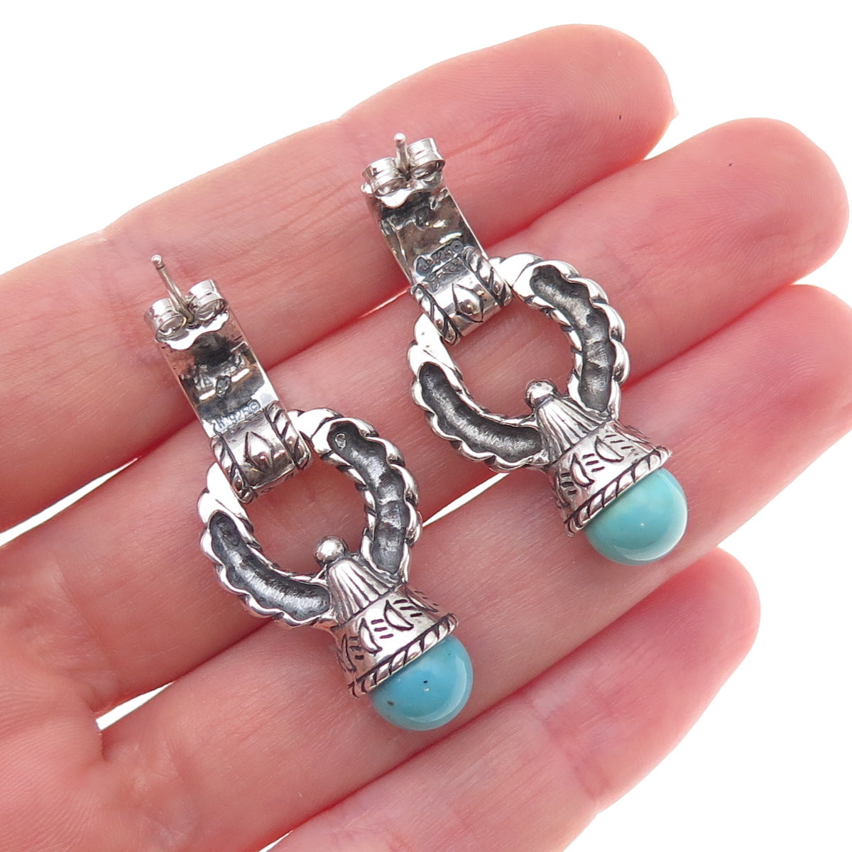 Carolyn Pollack 925 Sterling Silver Vintage Real Turquoise Door-Knocker Earrings