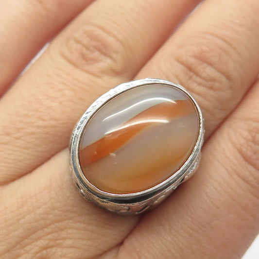 925 Sterling Silver Vintage Real Agate Gem Adjustable Ring Size 7-9