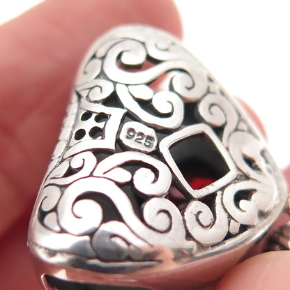925 Sterling Silver Vintage Real Red Garnet Heart Swirl Slide Pendant
