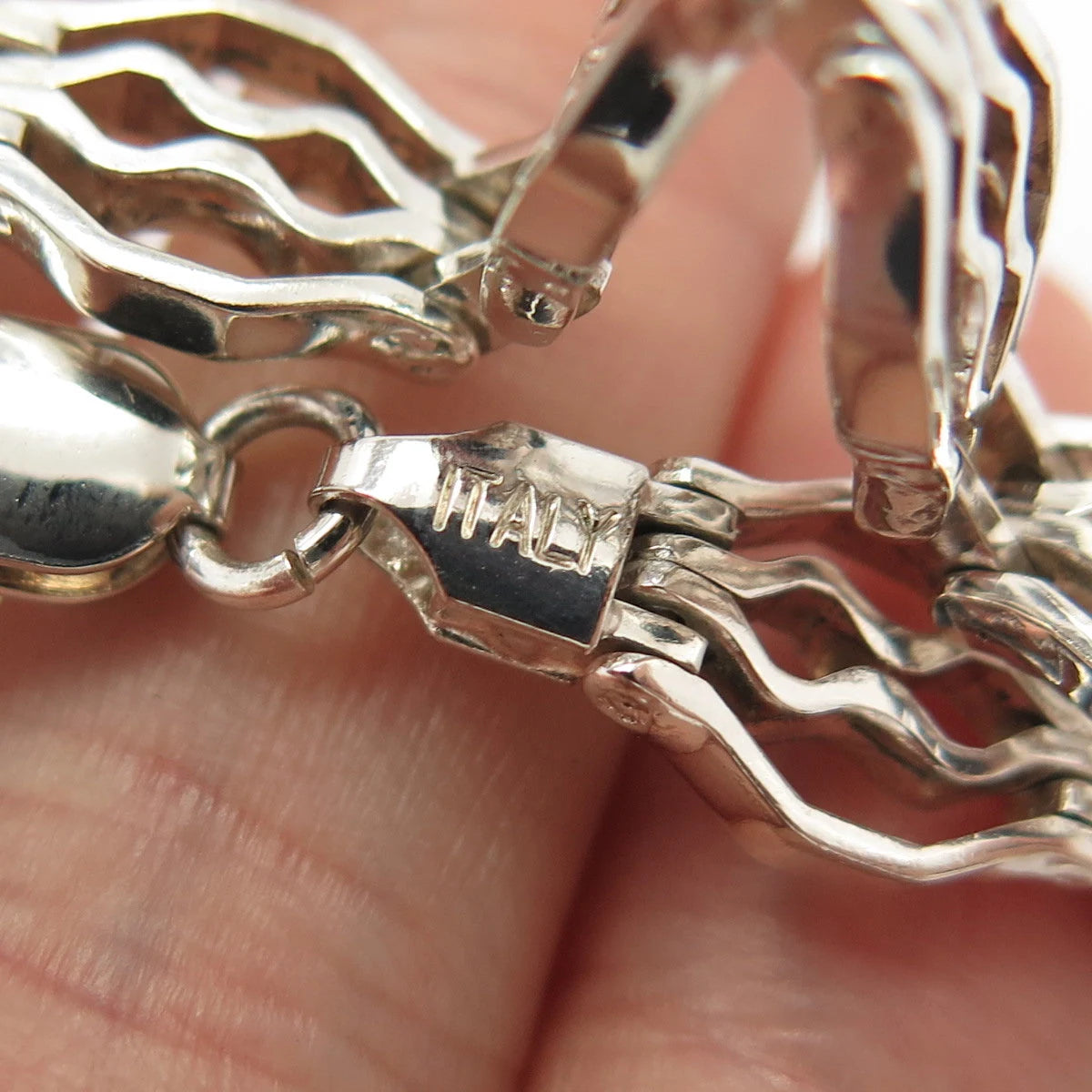 925 Sterling Silver Vintage Italy Water Pattern Panel Link Bracelet 7"