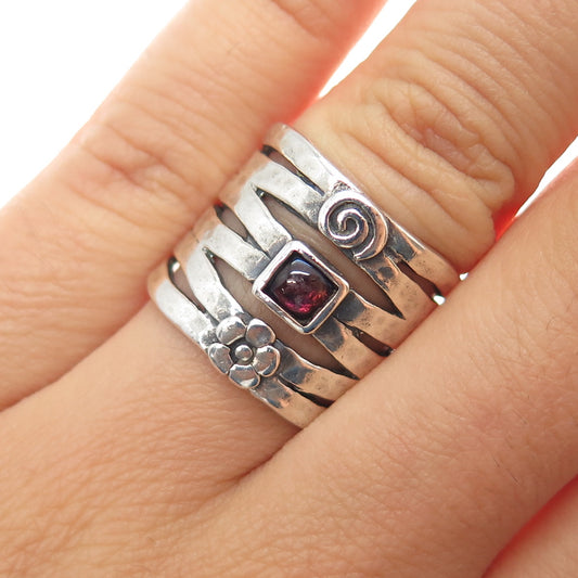 925 Sterling Silver Vintage Tourmaline Spiral & Flower Oxidized Ring Size 7.25