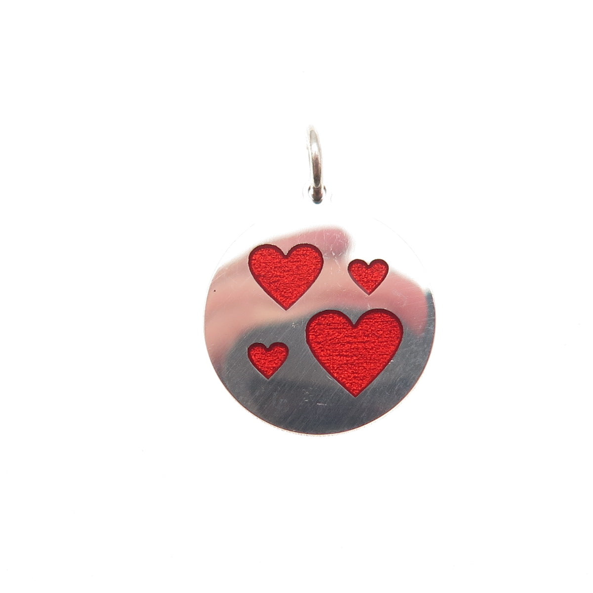 925 Sterling Silver Red Enamel Family Heart Round Tag Mini Charm Pendant