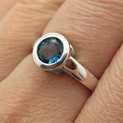 925 Sterling Silver Vintage Real Round-Cut London Blue Topaz Ring Size 7