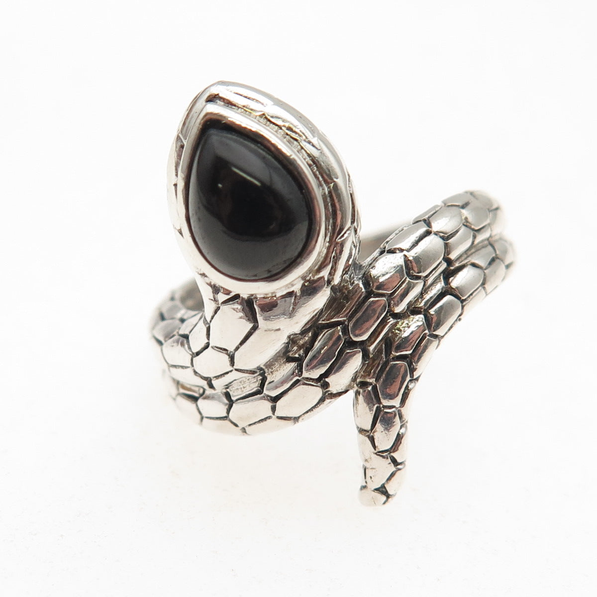 925 Sterling Silver Vintage Real Black Onyx Snake Oxidized Ring Size 8