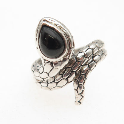 925 Sterling Silver Vintage Real Black Onyx Snake Oxidized Ring Size 8