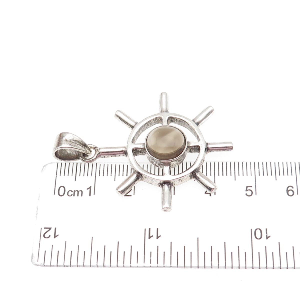 925 Sterling Silver Vintage Real Smoky Quartz Ship Wheel Charm Pendant