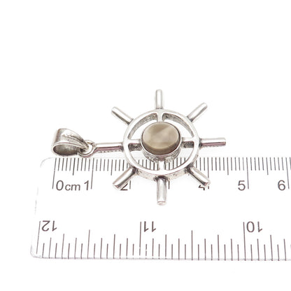 925 Sterling Silver Vintage Real Smoky Quartz Ship Wheel Charm Pendant