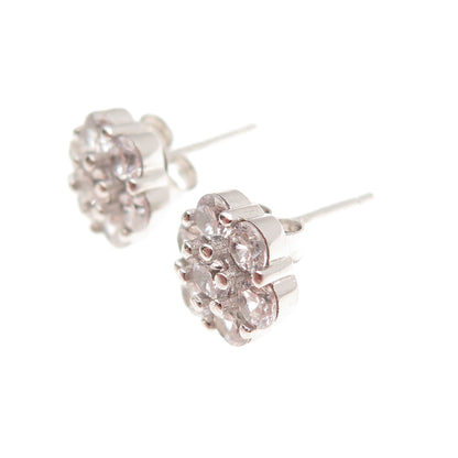 925 Sterling Silver Round-Cut C Z Floral Stud Earrings