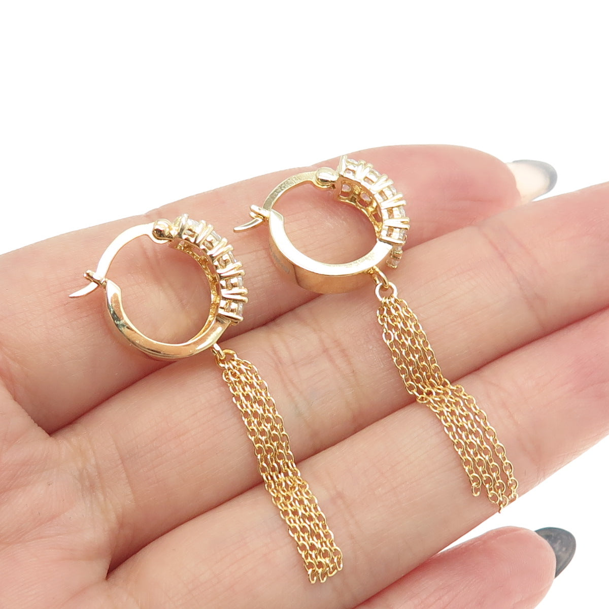 925 Sterling Silver Gold Plated Round-Cut C Z Tassel Hoop Dangling Earrings