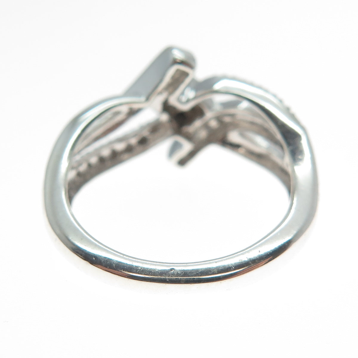 SUN 925 Sterling Silver Real Round-Cut Diamond Bypass Promise Ring Size 7