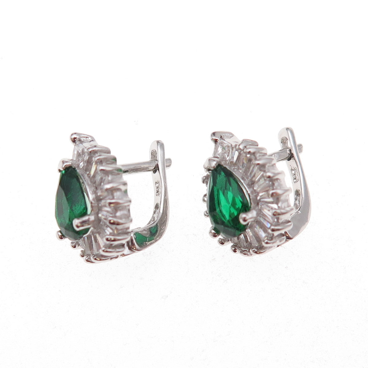 925 Sterling Silver Green & White C Z Teardrop Earrings