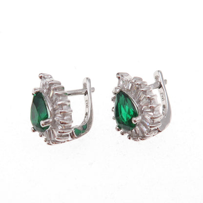 925 Sterling Silver Green & White C Z Teardrop Earrings