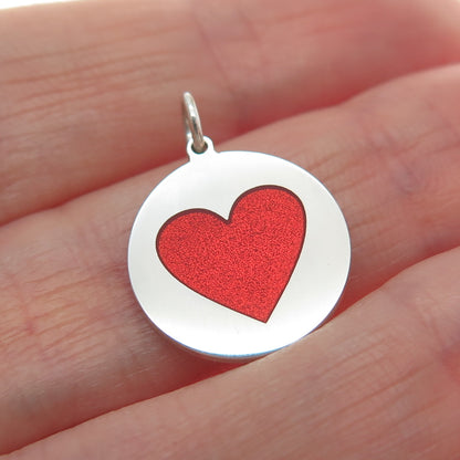 925 Sterling Silver Red Enamel Heart Round Tag Minimalist Charm Pendant
