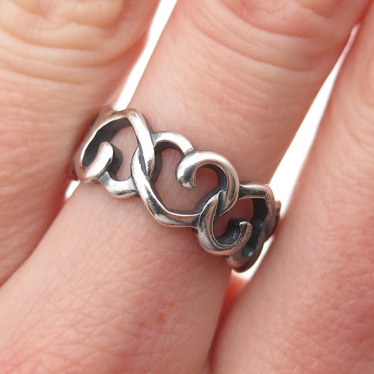925 Sterling Silver Vintage Heart Link Oxidized All Around Band Ring Size 6.25