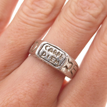 925 Sterling Silver Vintage Carpe Diem Oxidized Ring Size 7.5