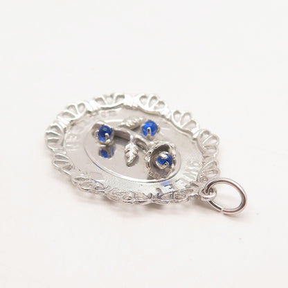 925 Sterling Silver Vintage M & M Blue Glass Floral Pendant