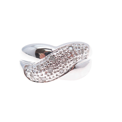 J. STELLA 925 Sterling Silver Real Round-Cut Diamond Crisscross Ring Size 7