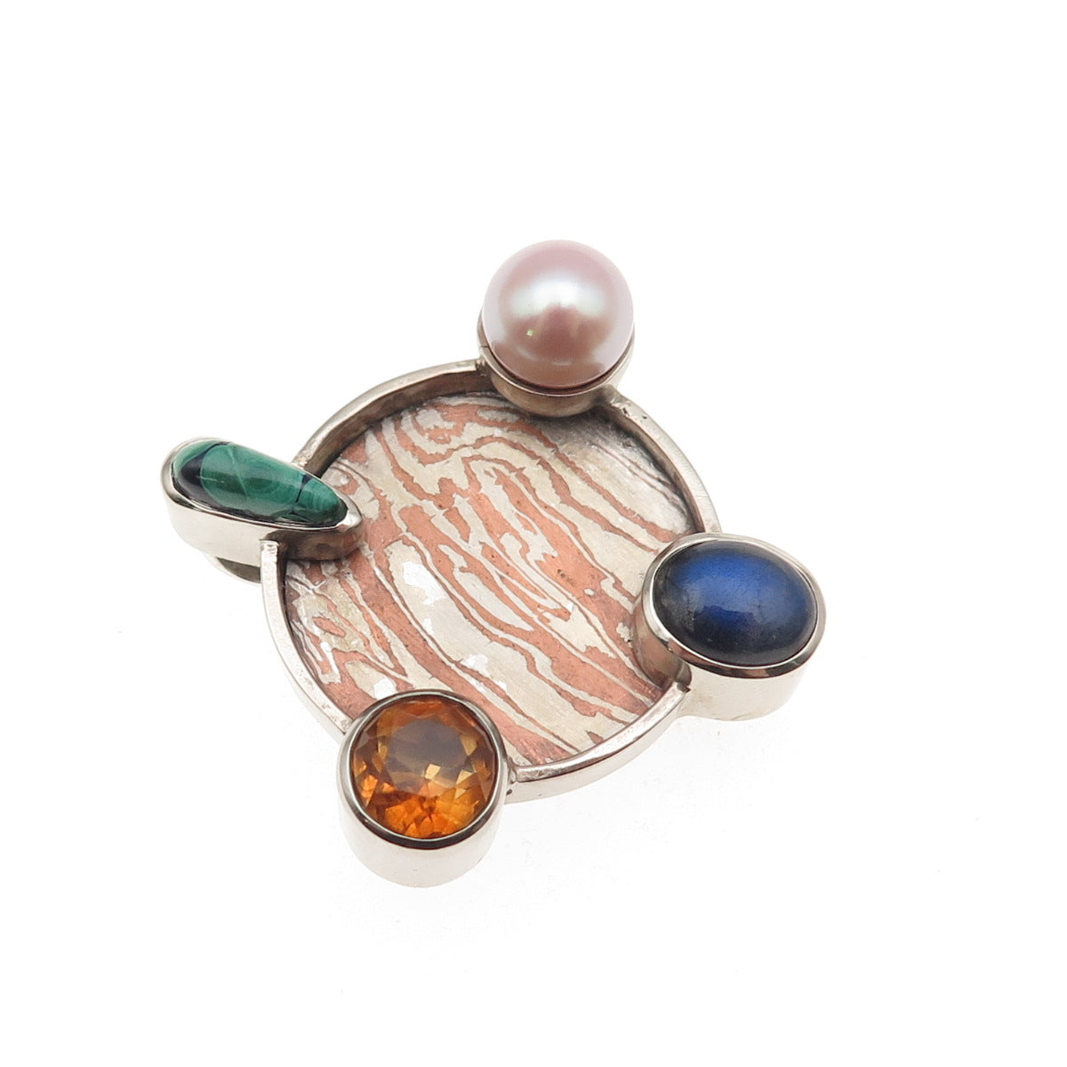 950 Silver 14K Gold Mokume Gane Vintage Real Pearl & Multi-Gem Slide Pendant