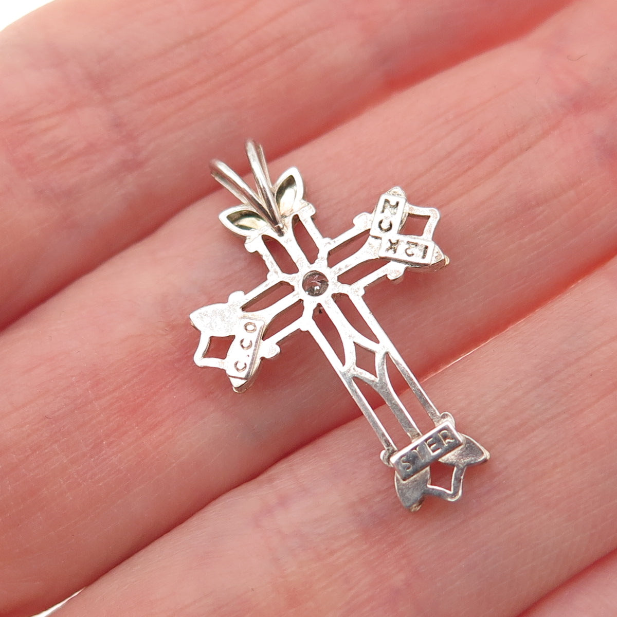 COLEMAN Sterling Silver 12K Rose & Yellow Gold Vintage C Z Floral Cross Pendant