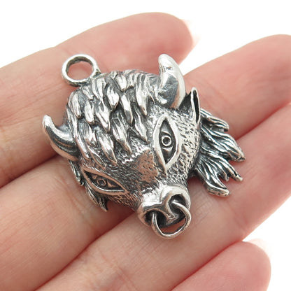 925 Sterling Silver Vintage Bull's Head Oxidized Pendant