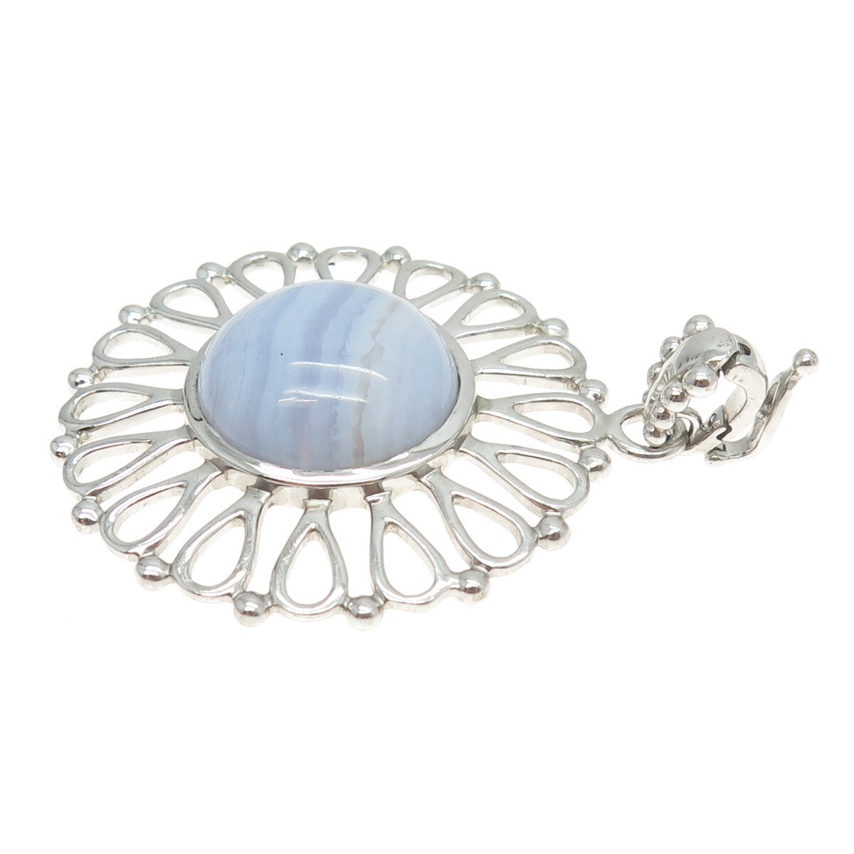 925 Sterling Silver Vintage Real Cabochon Blue Lace Agate Flower Pendant