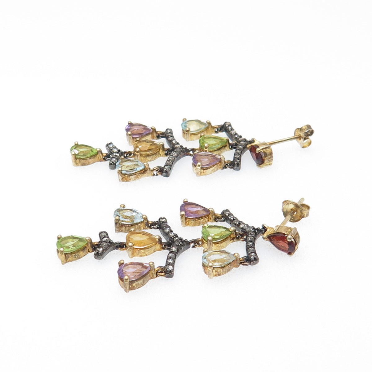 925 Sterling Silver Gold Plated Black Rhodium Real Diamond & Multi-Gem Earrings