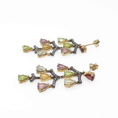 925 Sterling Silver Gold Plated Black Rhodium Real Diamond & Multi-Gem Earrings