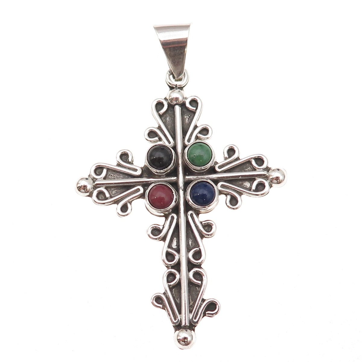 Carsi Sterling Silver Vintage Mexico Turquoise Lapis Onyx Sugilite Cross Pendant