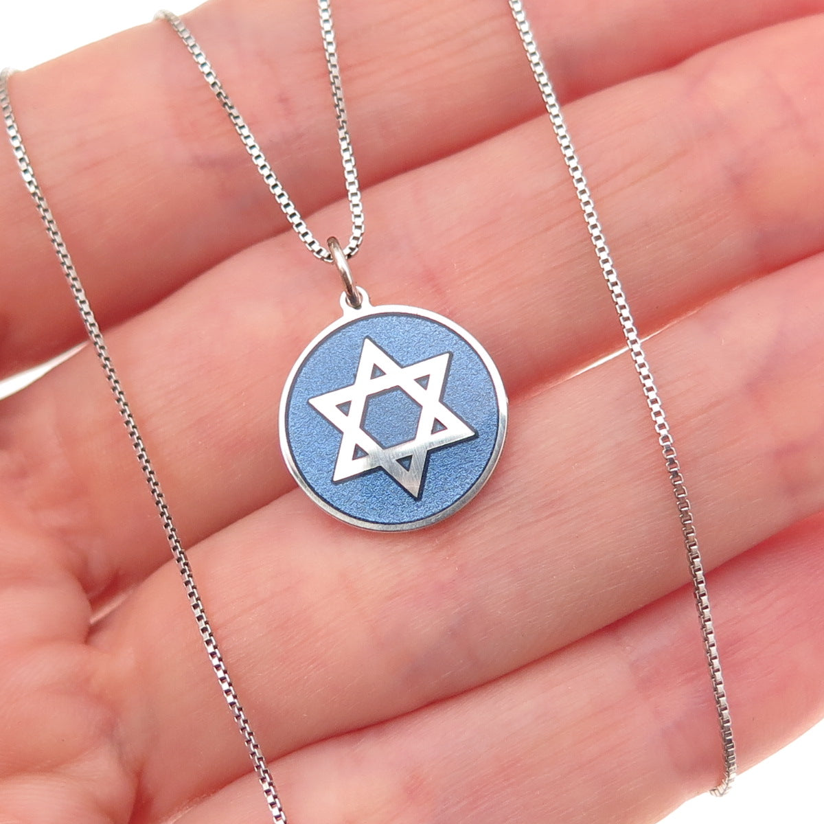 925 Sterling Silver Blue Enamel Star of David Box Chain Necklace 18"
