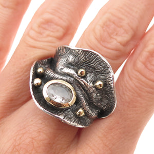 925 Sterling Silver 2-Tone Vintage C Z Modernist Oxidized Ring Size 8