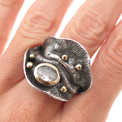 925 Sterling Silver 2-Tone Vintage C Z Modernist Oxidized Ring Size 8