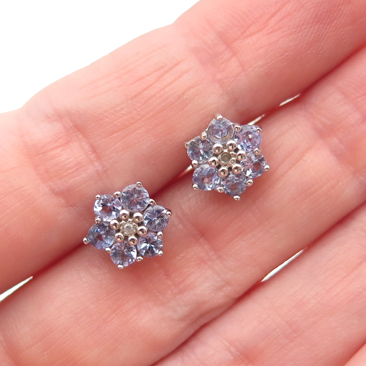 925 Sterling Silver Real Round-Cut Diamond & Tanzanite Floral Stud Earrings