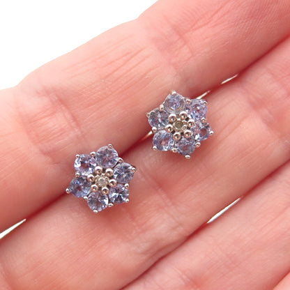 925 Sterling Silver Real Round-Cut Diamond & Tanzanite Floral Stud Earrings