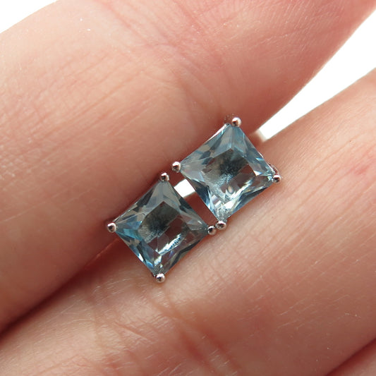 925 Sterling Silver Princess-Cut Shaped Blue C Z Stud Earrings