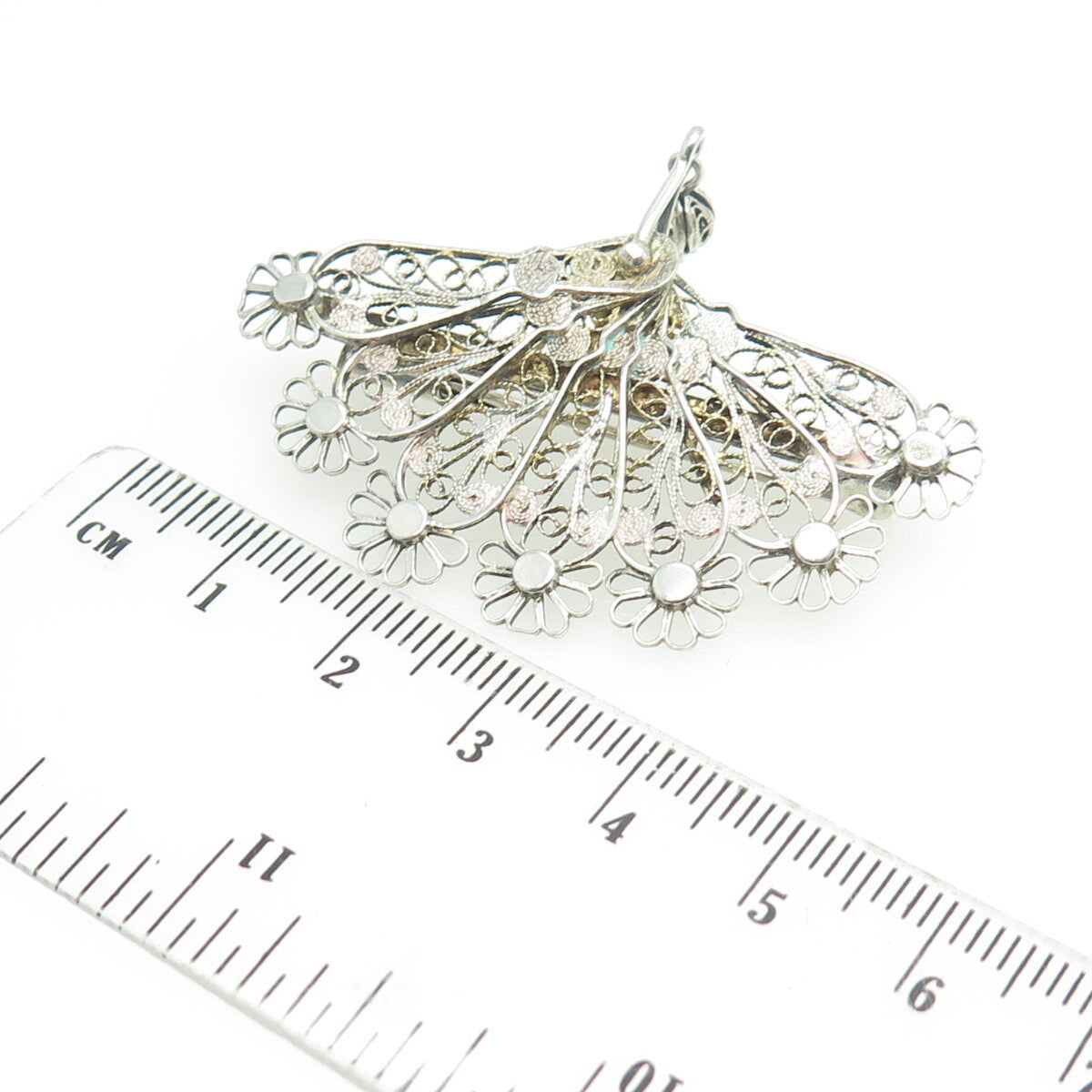 800 Silver Antique Art Deco Italy Filigree Floral Fan Pin Brooch