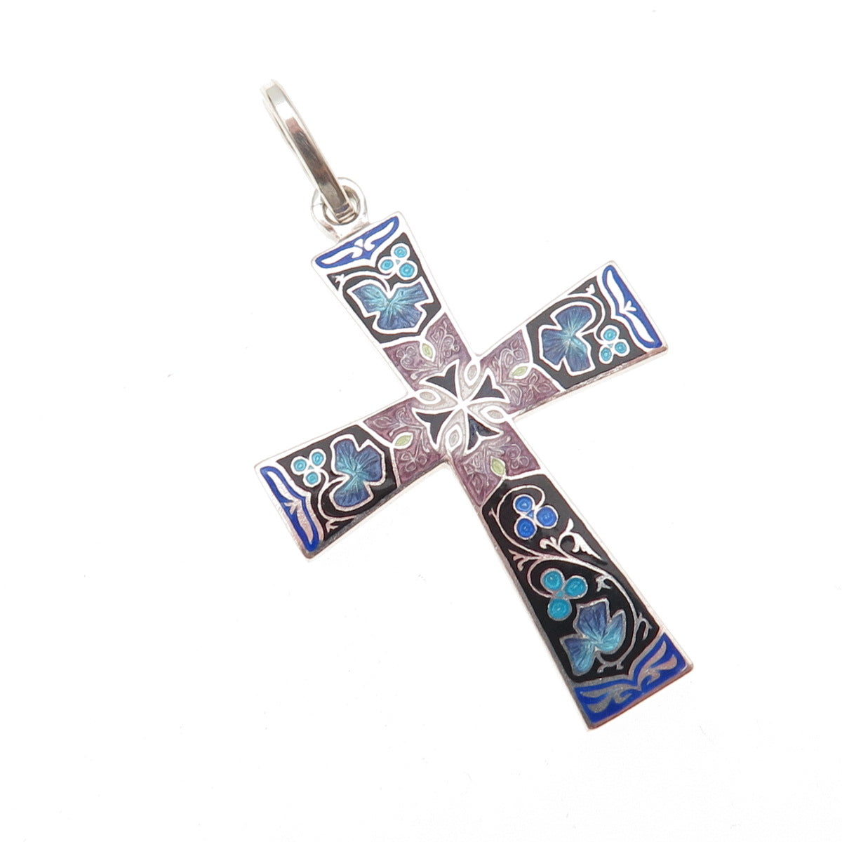 925 Sterling Silver Vintage European Cloisonne Enamel Floral Cross Charm Pendant