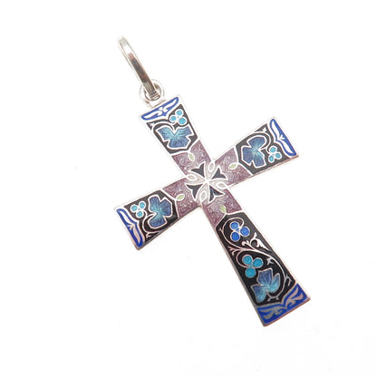 925 Sterling Silver Vintage European Cloisonne Enamel Floral Cross Charm Pendant