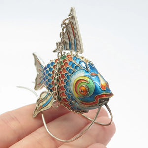 925 Sterling Silver Antique Enamel Chinese Koi Fish Articulated Chatelaine Fob