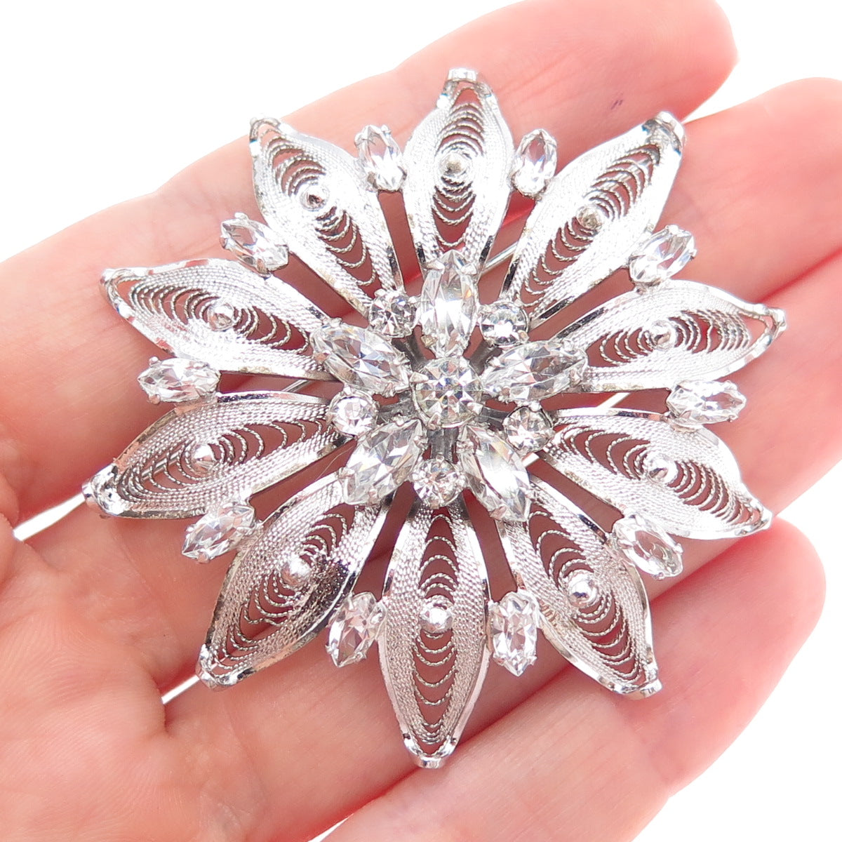 AM LEE Sterling Silver Antique Art Deco Rhinestone Flower Filigree Pin Brooch