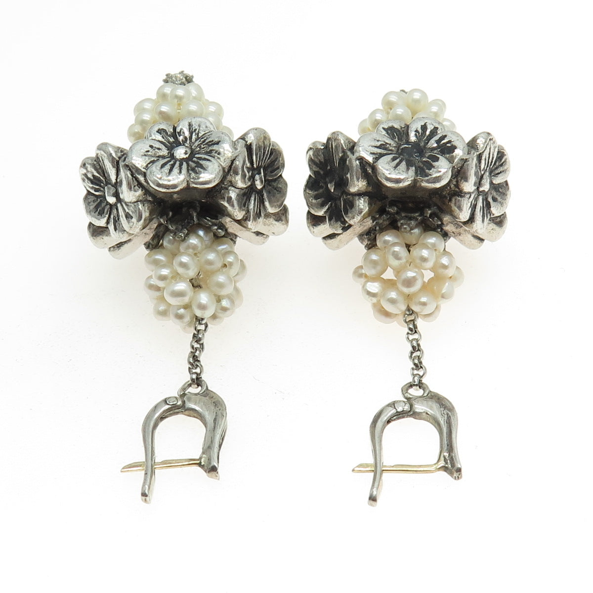 925 Sterling Silver Vintage Real Pearl & C Z Flower Blossom Dangling Earrings