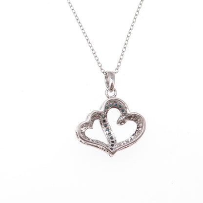 925 Sterling Silver Real Blue & White Diamond Heart Cable Chain Necklace 18"