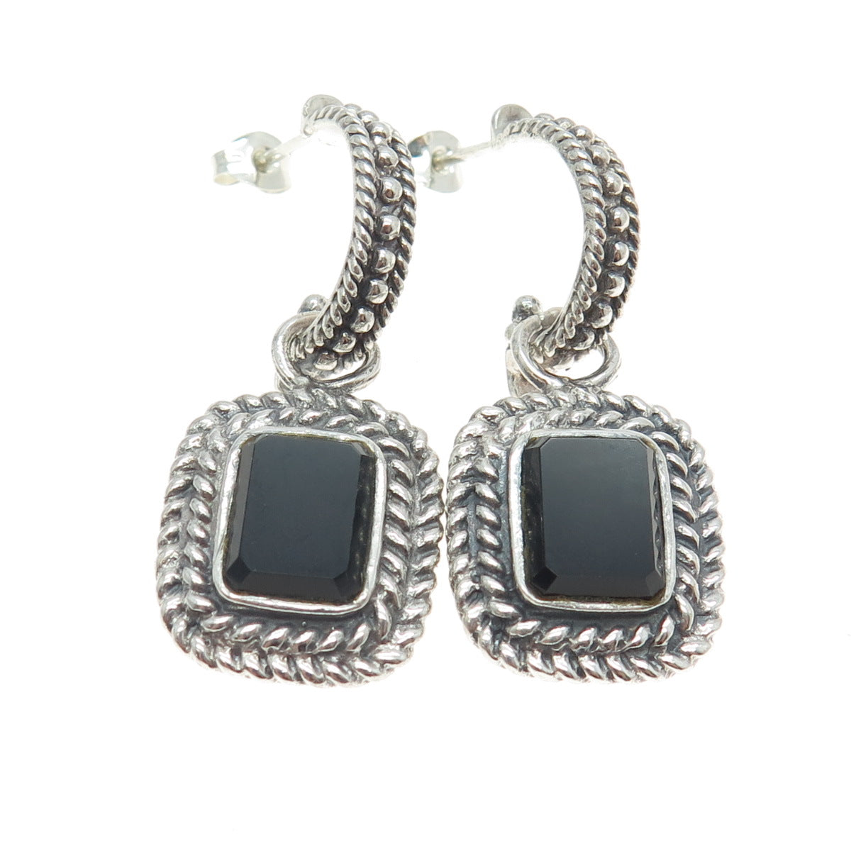 925 Sterling Silver Vintage Real Black Onyx Charm Dangling Earrings