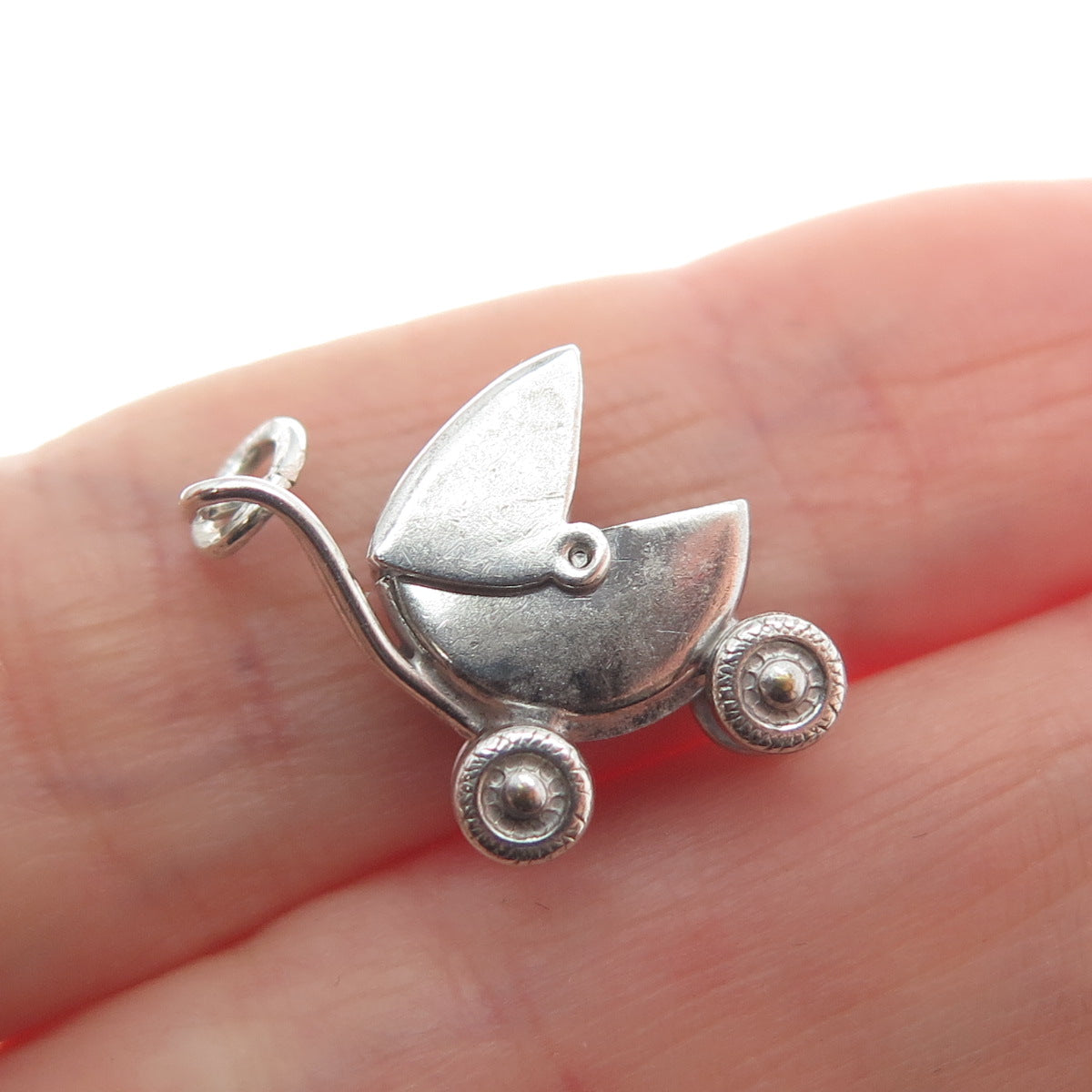CARL ART 925 Sterling Silver Antique Baby Carriage Minimalist 3D Charm Pendant