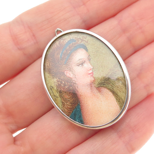 800 Silver Vintage Italy Hand-Painted Lady Portrait Pin Brooch Pendant