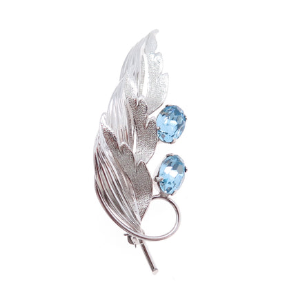 TRU-KAY Sterling Silver Antique Art Deco Blue Rhinestone Floral Leaf Pin Brooch